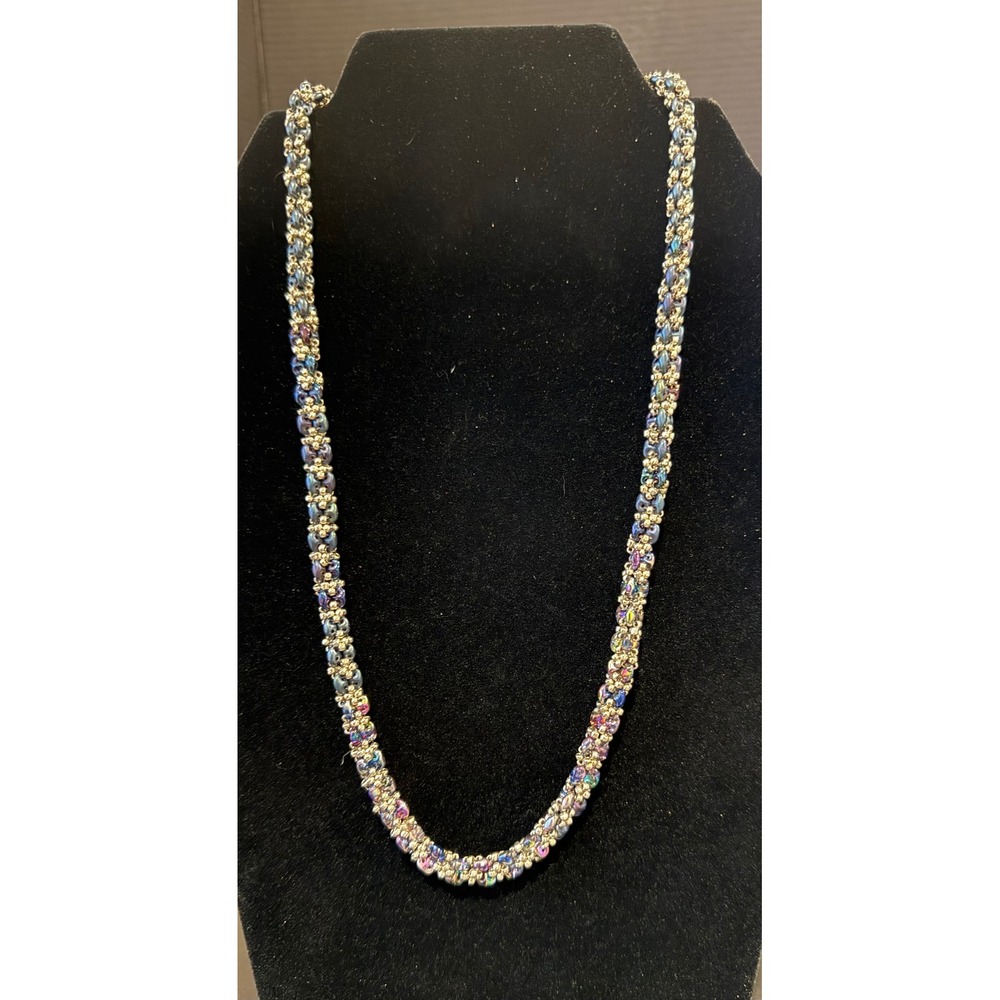 Handmade Beaded Rope Necklace Blue Purple‎ Iridescent Woven Toggle 22.5" Artsy